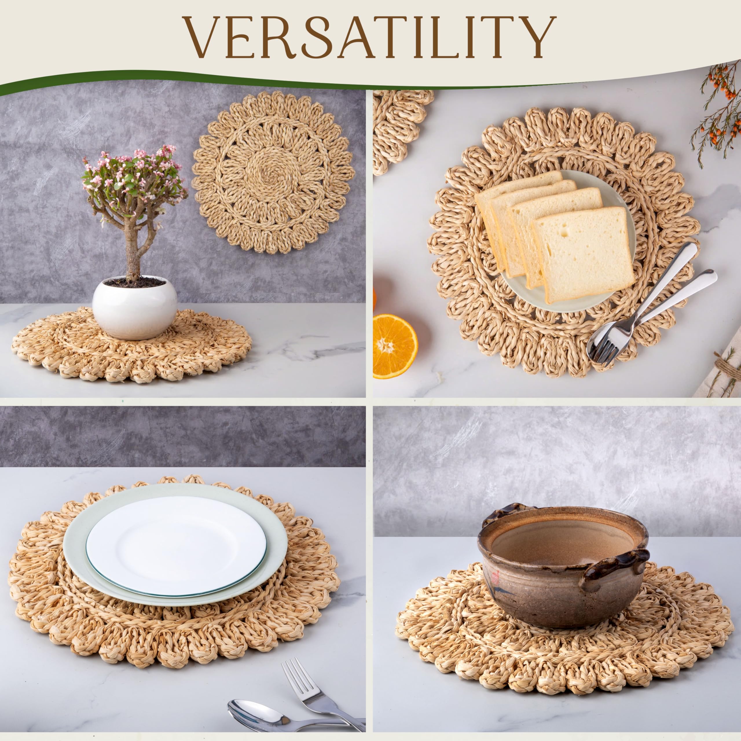 13.8" Corn Husk Woven Round Placemats Set of 8 - Wicker Boho Farmhouse Placemats - Rattan Table Mats Like Water Hyacinth for Dining Table, Wedding, Home