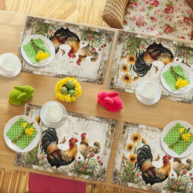 Rooster Placemats Set of 6 Farmhouse Roosters Imitation Linen Placemat Vintage Rustic Chicken Heat Resistant Dining Daisy Flowers Table Place for Kitchen Indoor Restaurants Party 12''x18''