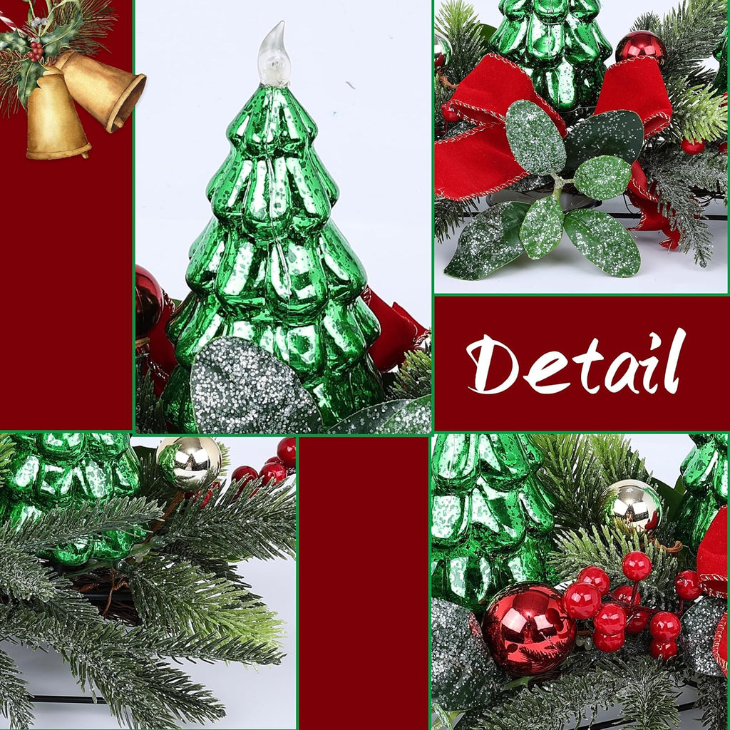 Skiennix Christmas Table Centerpiece - LED Lights, Green Tree Decoration with Red Berries & Balls