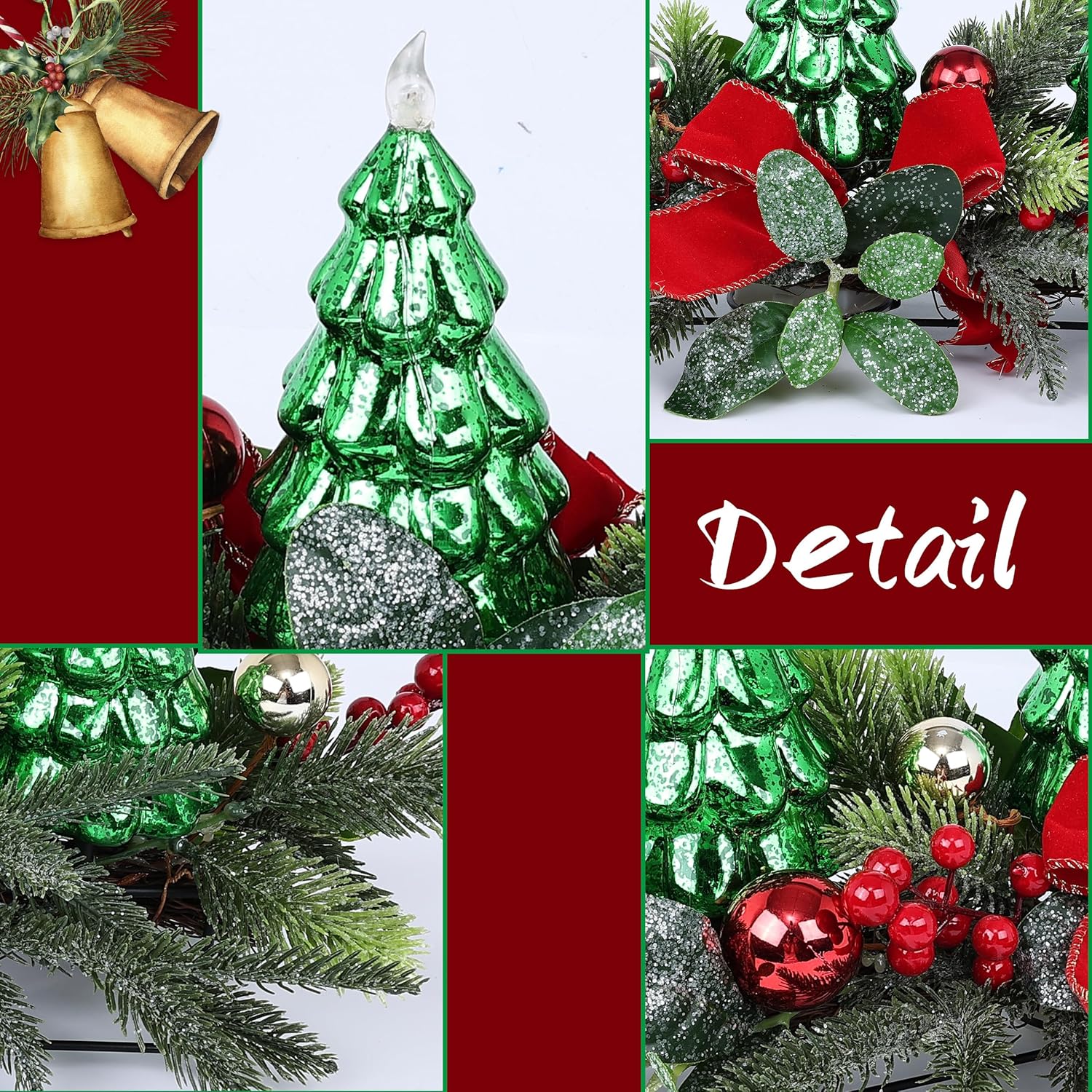 Skiennix Christmas Table Centerpiece - LED Lights, Green Tree Decoration with Red Berries & Balls