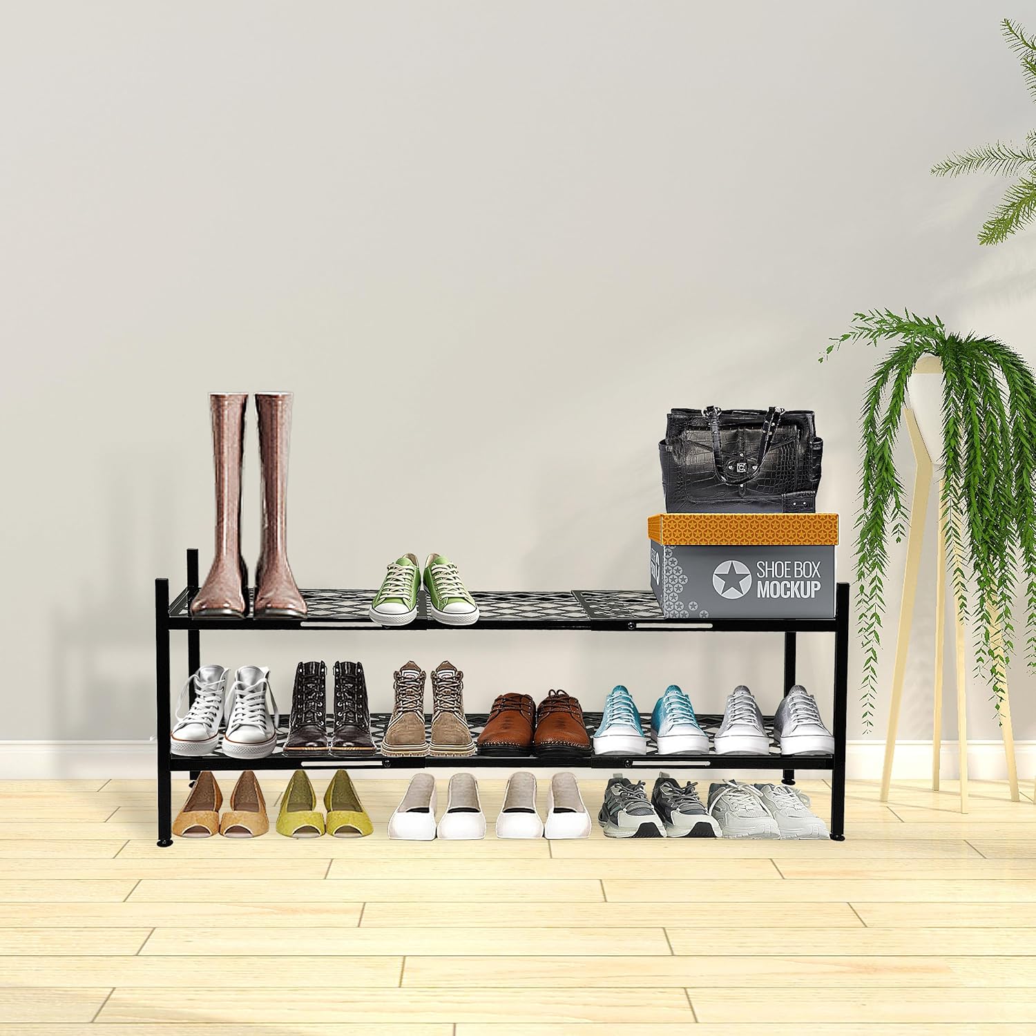 Skiennix Expandable Shoe Rack - 2-Tier Metal Organizer for 12-18 Pairs | Black 45.6 Inches