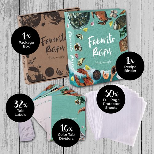 CraftSaints Recipe Binder 8.5x11, 3 Ring DIY Cookbook Kit 16 Dividers & 50 Plastic Sleeves & 36 Labels, Organizer Book Kit (Seafood)