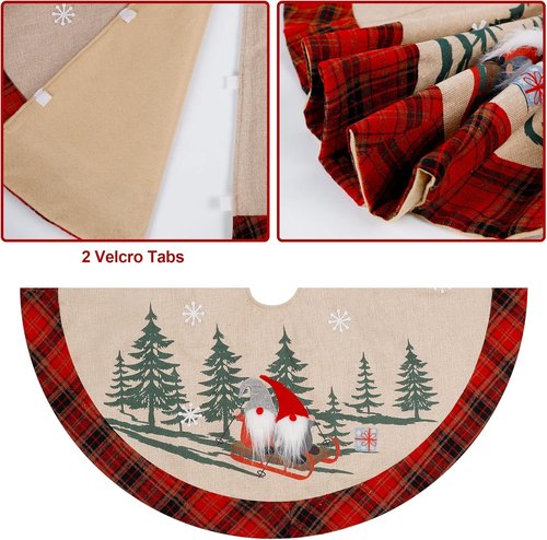 Juegoal 32-Inch Christmas Tree Skirt - Soft Red & Black Plaid Design with Gnome Sledding Decor