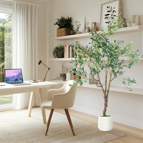 BLATOMIC Olive Trees Artificial Indoor, 6FT Tall Faux Olive Tree with White Tall Planter, Artificial Plants with Natural Wood Trunk and Lifelike Fruits, Large Olive Plants for Home Office Decor