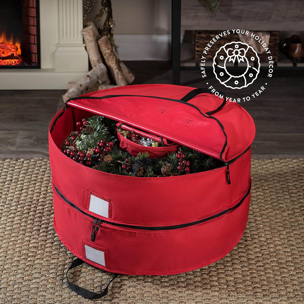 ZOBER Christmas Wreath Storage Container - 24 Inch Wreath Bag for 2 Wreaths | Durable 600D Oxford Fabric - Red