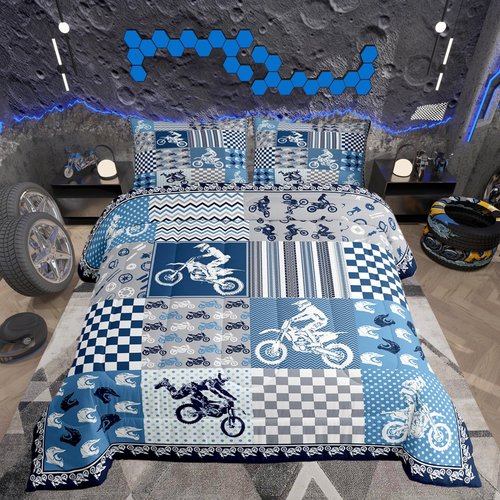 Castle Fairy Dirt Bike Comforter Set,Motocross Racer Bedding Set for Kids Girls Women,Adults Blue and Gray Grid Comforter,Stripes Square Quilted Duvet Set Bedroom Collection Twin Size 2Pcs