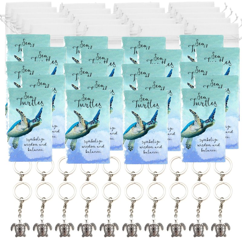 Smiling Wisdom | 20 Bulk Employee Staff Gifts | Mini Appreciation Greeting Cards and Turtle Keychain Gift Sets | 60 Pcs | Silver Sea Turtle