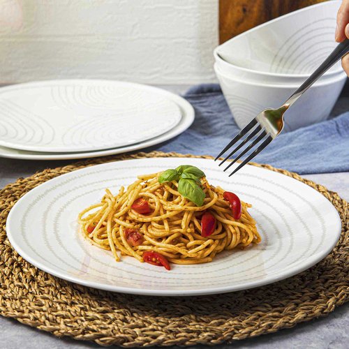 BZYOO BPA-Free Dishwasher Safe 100% Melamine Plastic Plate & Bowl Set Casual dining Indoor and Outdoor Dining Party (12 PCS Dinnerware set, Service for 4, white planet)