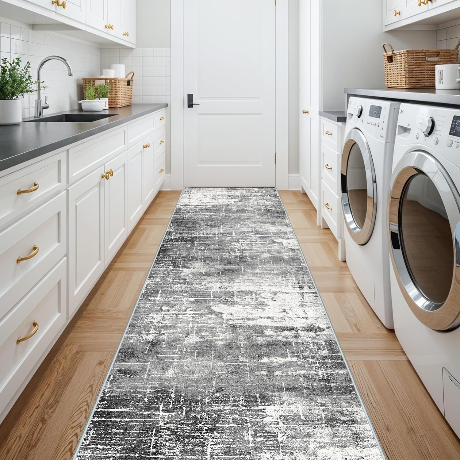 Skiennix 12ft Abstract Kitchen Area Rug - Soft Non-Slip Runner for Living Room & Bathroom | Stain Resistant (2'6"x12', Black/Grey)