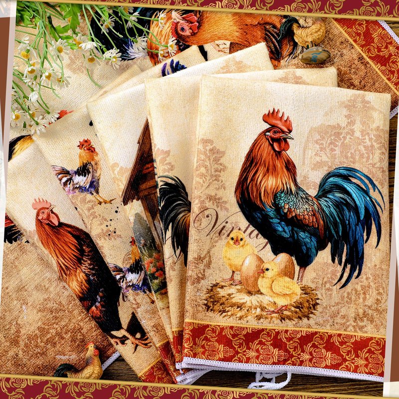 Bencailor 6 Pcs Farmhouse Kitchen Towels Chicken Rooster Kitchen Decor Farm Animal Hand Towels for Cooking Baking Housewarming Gift,15.75 x 23.62 inch(Golden Brown,Rooster)