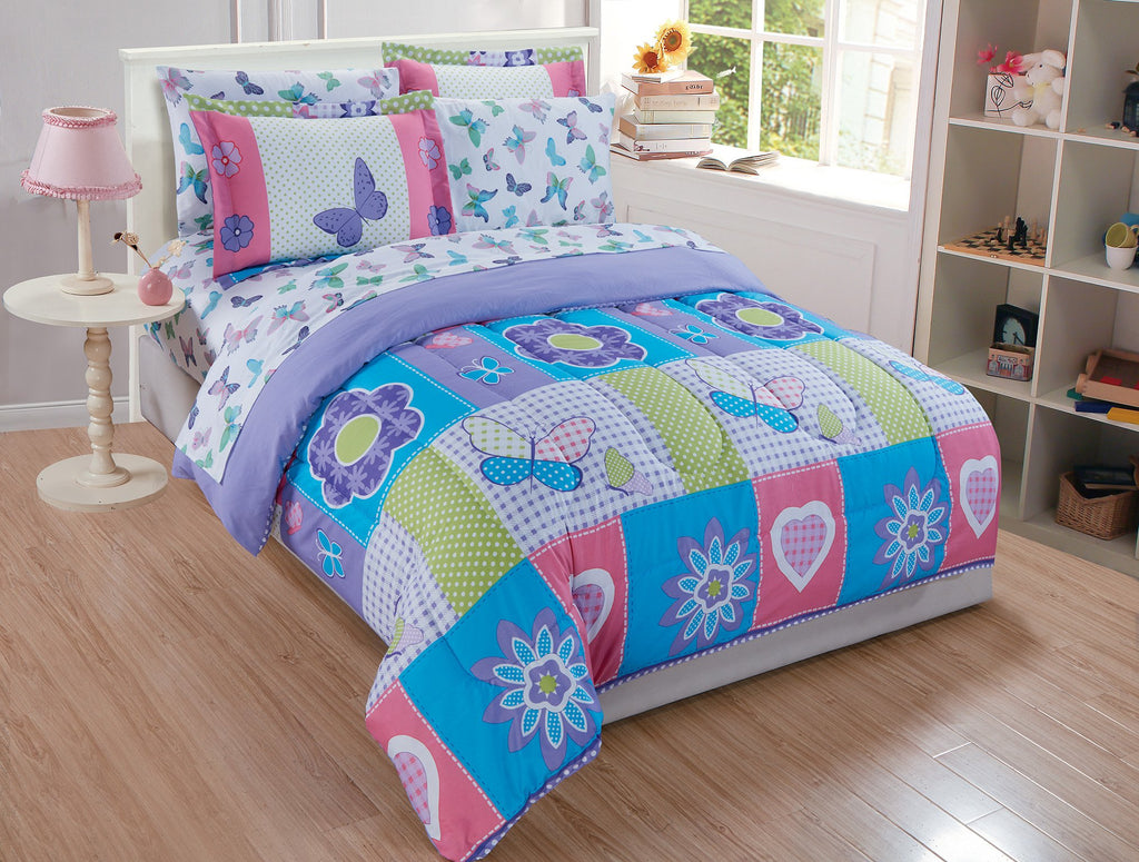 Linen Plus Comforter Set for Girls Butterflies Hearts Flowers Purple Turquoise Pink Green White New (Twin)
