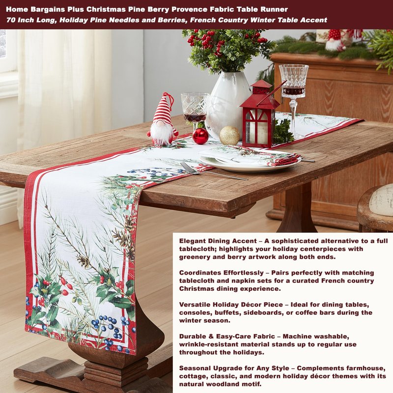Home Bargains Plus Pine Berry Provence Christmas Fabric Tablecloth, 70 Inch Round, Holiday Pine Needles and Berries, French Country Winter Dining Table Cover