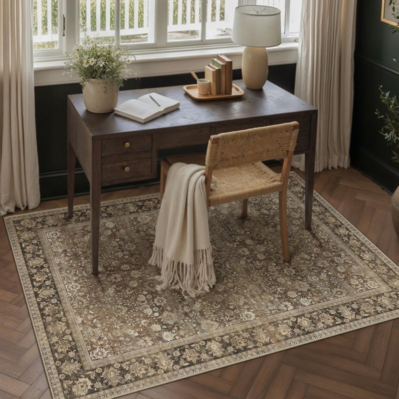 HUGEAR 4x6 Machine Washable Rugs Brown Hallway Area Rug Indoor Accent Rug Floral Low Pile Carpet Soft Throw Rug Bedroom Living Room Office Dining Room Kitchen Laundry Room Non Slip