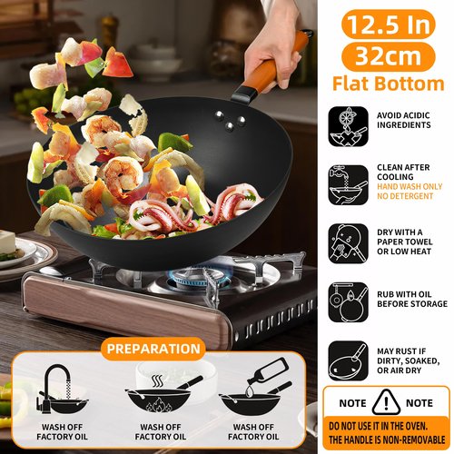 ITSMILLERS 12.5-Inch Carbon Steel Wok with Lid – Pre-Seasoned Flat Bottom Stir-Fry Pan, Nonstick Wok for Induction, Gas, Electric & All Stovetops – Chinese Wok with Glass Lid