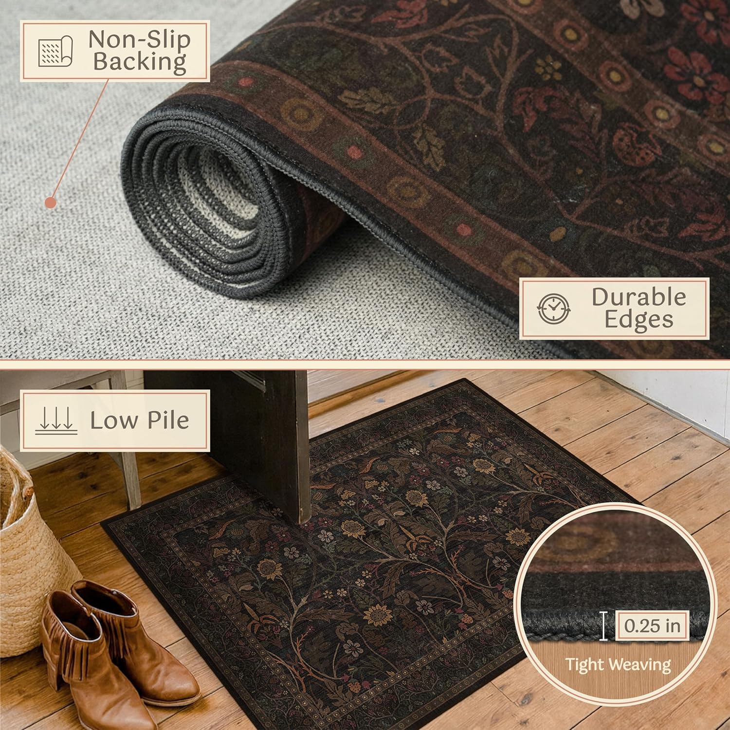 Regine Switzerland Washable 2x6 Kitchen Runner Rug - Non-Slip Dark Brown Floral Design for Farmhouse & Cabin