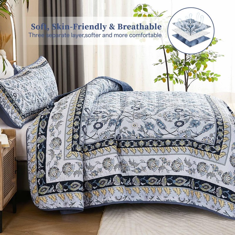 DJY King Size Quilt Sets, Navy Blue Floral Quilt Set King 3 Pieces Boho Bedspread Coverlet Set with 2 Pillowcases Soft Lightweight Microfiber Bedding for All Season (90"x104")