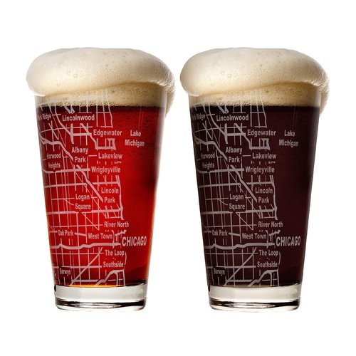 Greenline Goods Beer Glasses - 16 oz Drinkware Set for Chicago lovers - Set of 2 - Etched with Chicago, IL Map | Premium Decorative Glassware