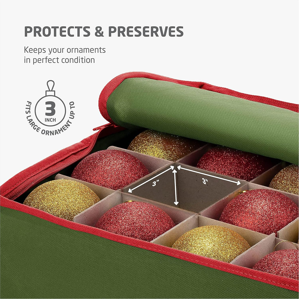 ZOBER Christmas Ornament Storage Box - Organize 64 3" Ornaments with Dividers - Durable Green Container