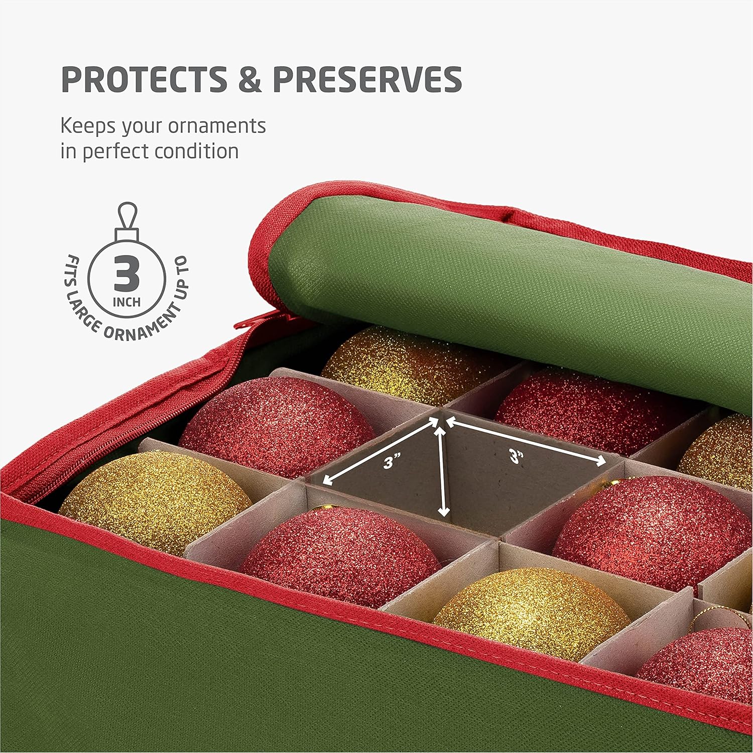 ZOBER Christmas Ornament Storage Box - Organize 64 3" Ornaments with Dividers - Durable Green Container