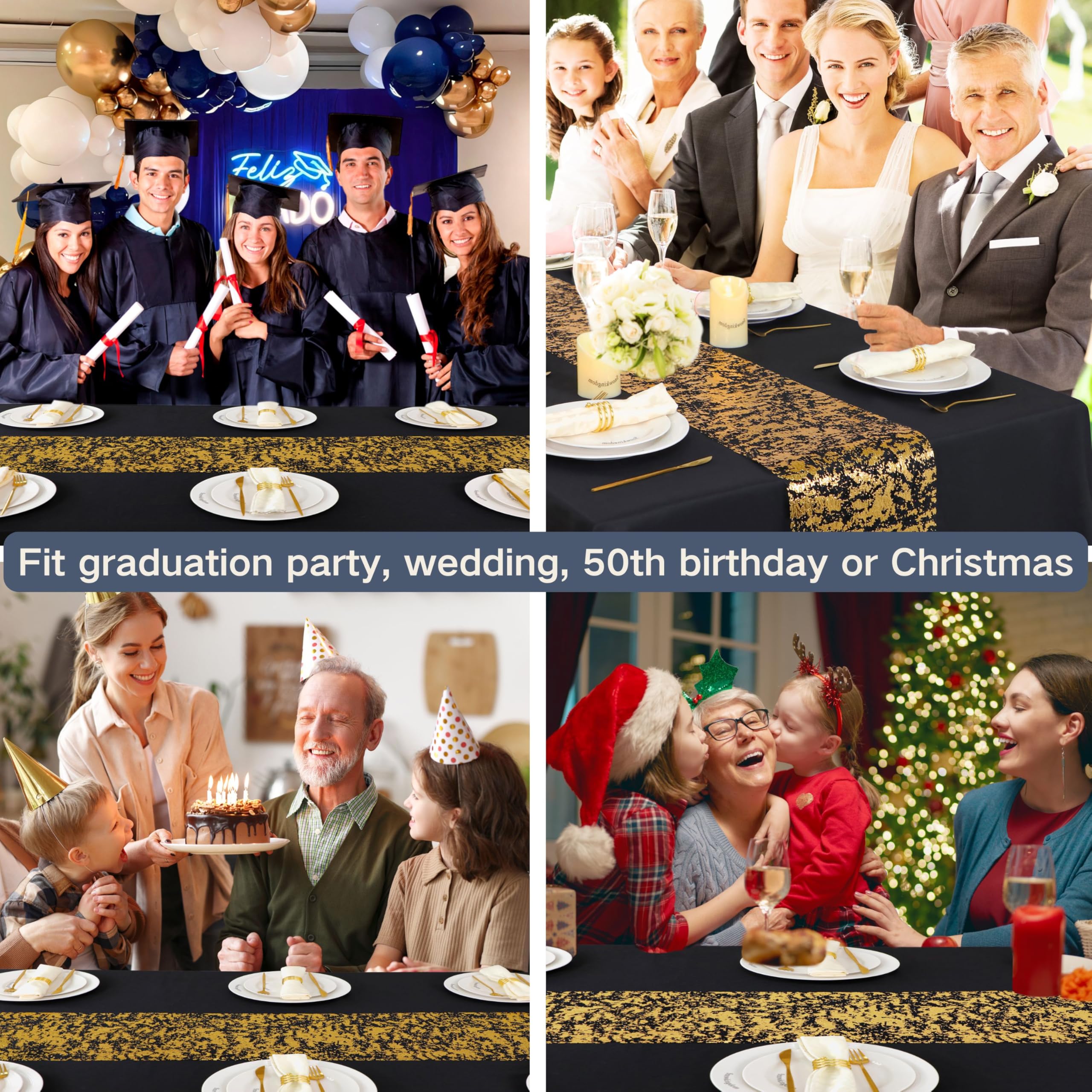 Snowkingdom Black and Gold Table Runner 100 Feet Glitter Golden Metallic Table Centerpieces Foil Runners Party Decorations for Graduation Birthday Retirement Wedding Christmas Halloween Thanksgiving