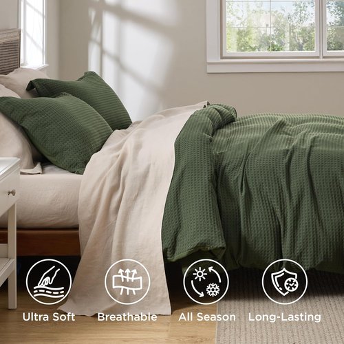 Bedsure Luxury Waffle Duvet Cover - Soft Olive Green Queen Size Bedding Set with 2 Pillow Shams (90"x90")