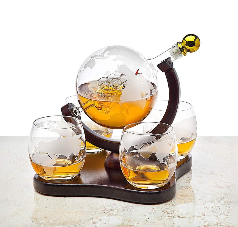 Attractive Home Bar Décor 5pc Whiskey/Wine Globe Decanter Set, World Etched Bottle with 4 Premium Glass Cups on Attractive Mahogany Wood Stand. - THE PERFECT PRESENT -