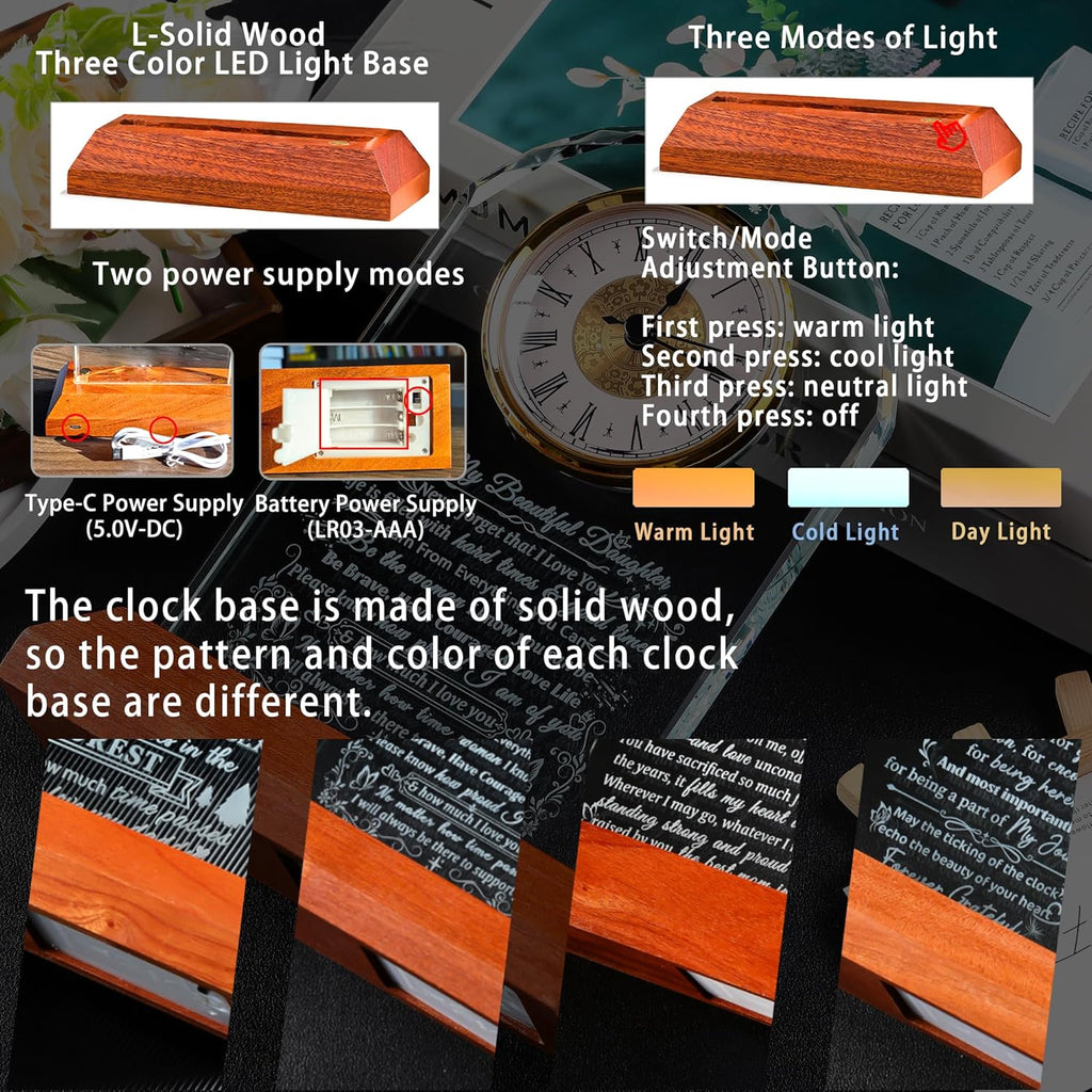 Ornalrist Glass Clock for Daughter | Heartfelt Gift from Mom & Dad - Warm Light Base for Special Occasions