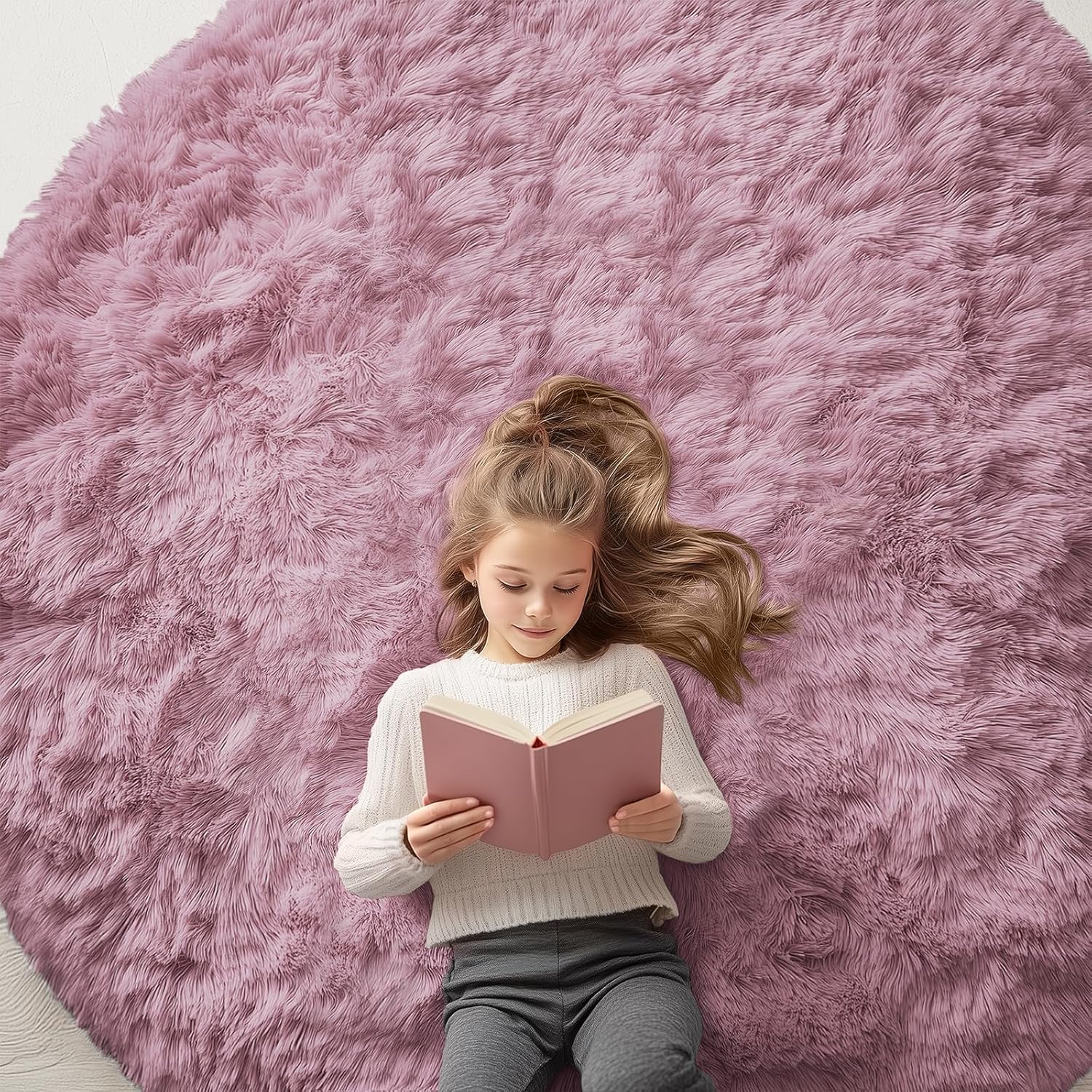 OLANLY Blush Round Area Rug - Soft, Fluffy 6 ft Circle Carpet for Bedroom, Living Room & Nursery Decor