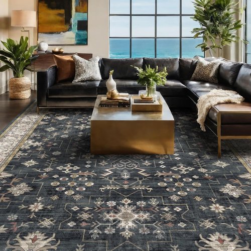 Boho Black Area Rug by [Brand Name] - Washable 10x12 Soft Low Pile Carpet for Living Room & Dining Room | Non-Slip & Stain Resistant
