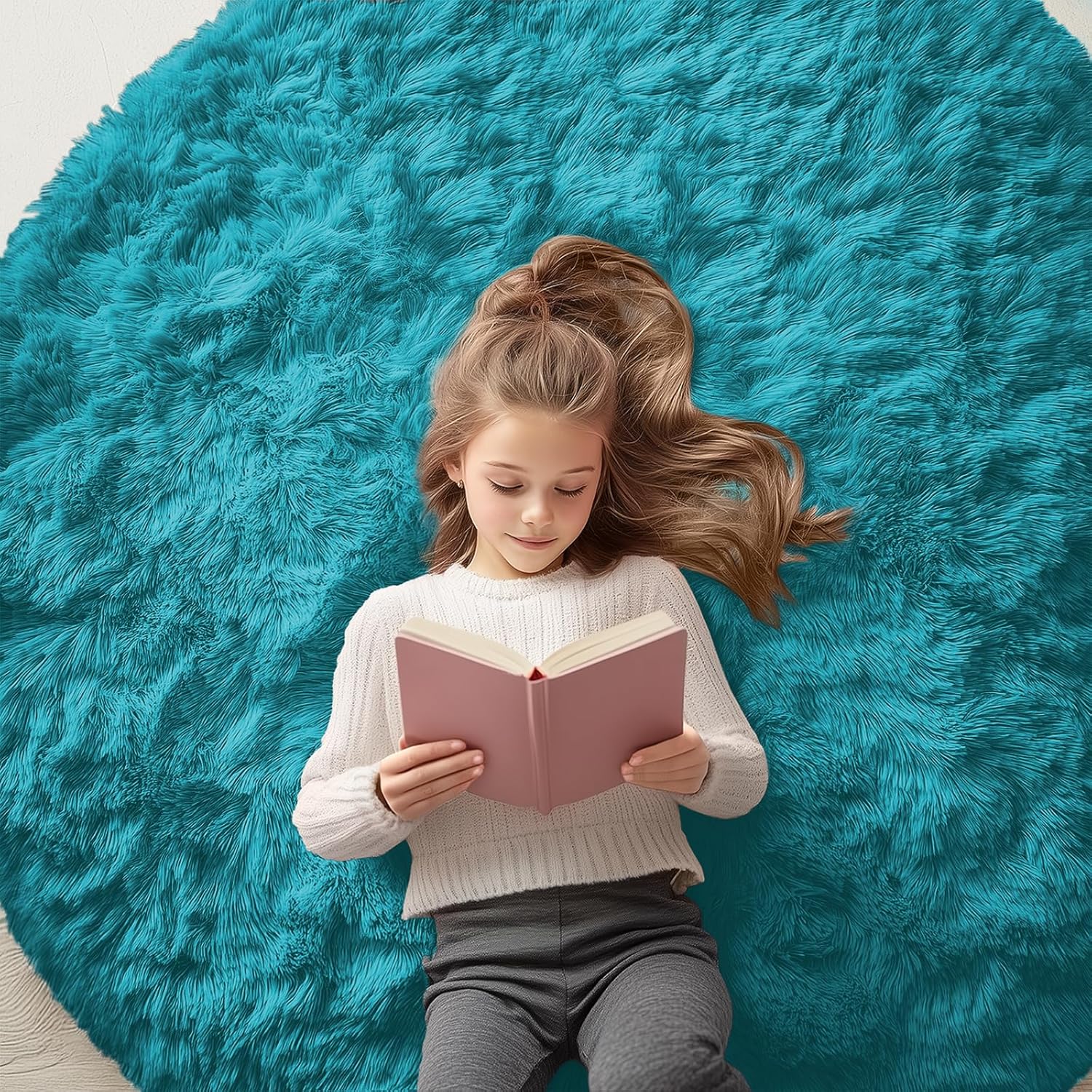 OLANLY Teal Round Area Rug - Soft, Machine Washable 5 ft Shaggy Carpet for Bedroom & Living Room Decor
