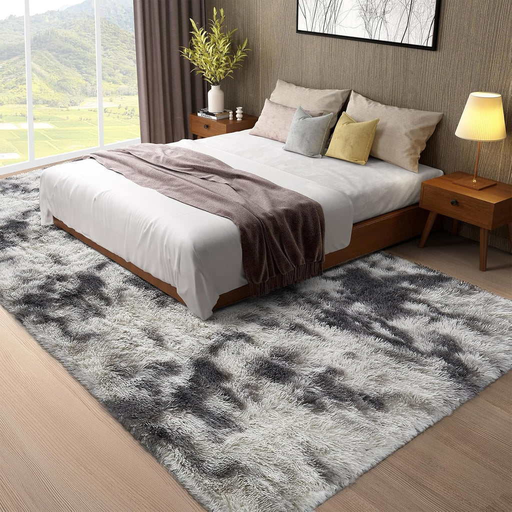 Ophanie Area Rug - Tie-Dyed Grey & White Shag Carpet | Soft 8x10 Living Room & Nursery Decor