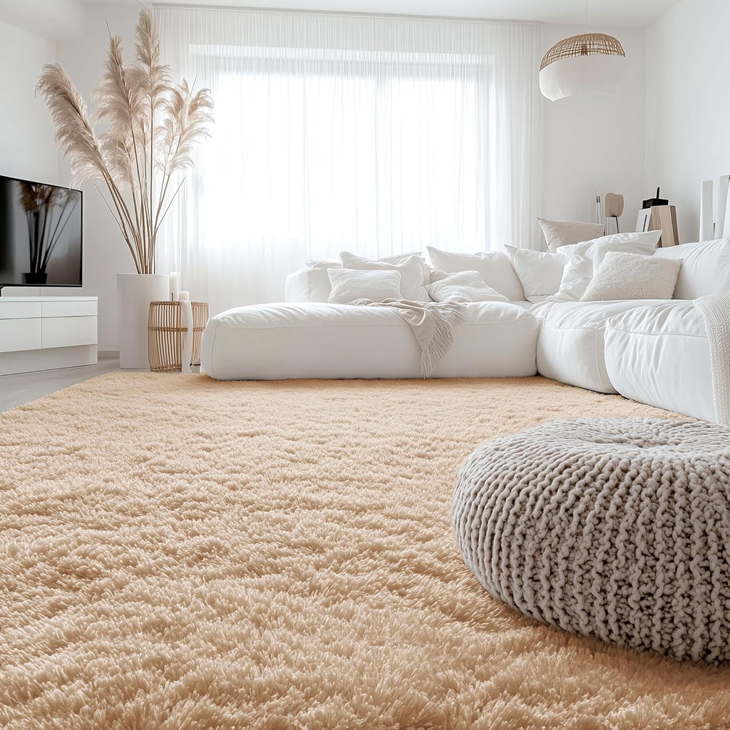 OLANLY 6x6 Area Rug - Soft, Fluffy Shaggy Carpet for Living Room & Bedroom | Machine Washable, Beige