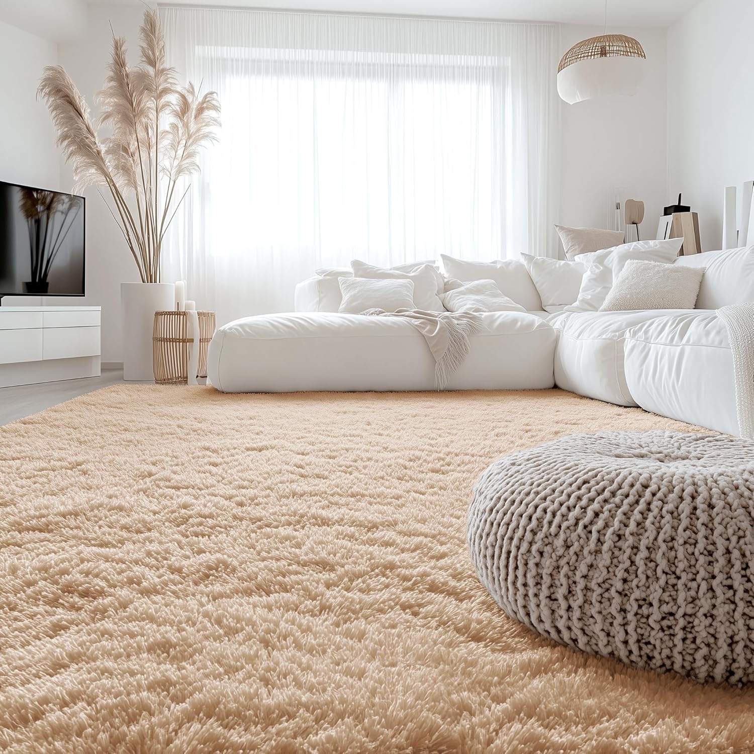 OLANLY 6x6 Area Rug - Soft, Fluffy Shaggy Carpet for Living Room & Bedroom | Machine Washable, Beige