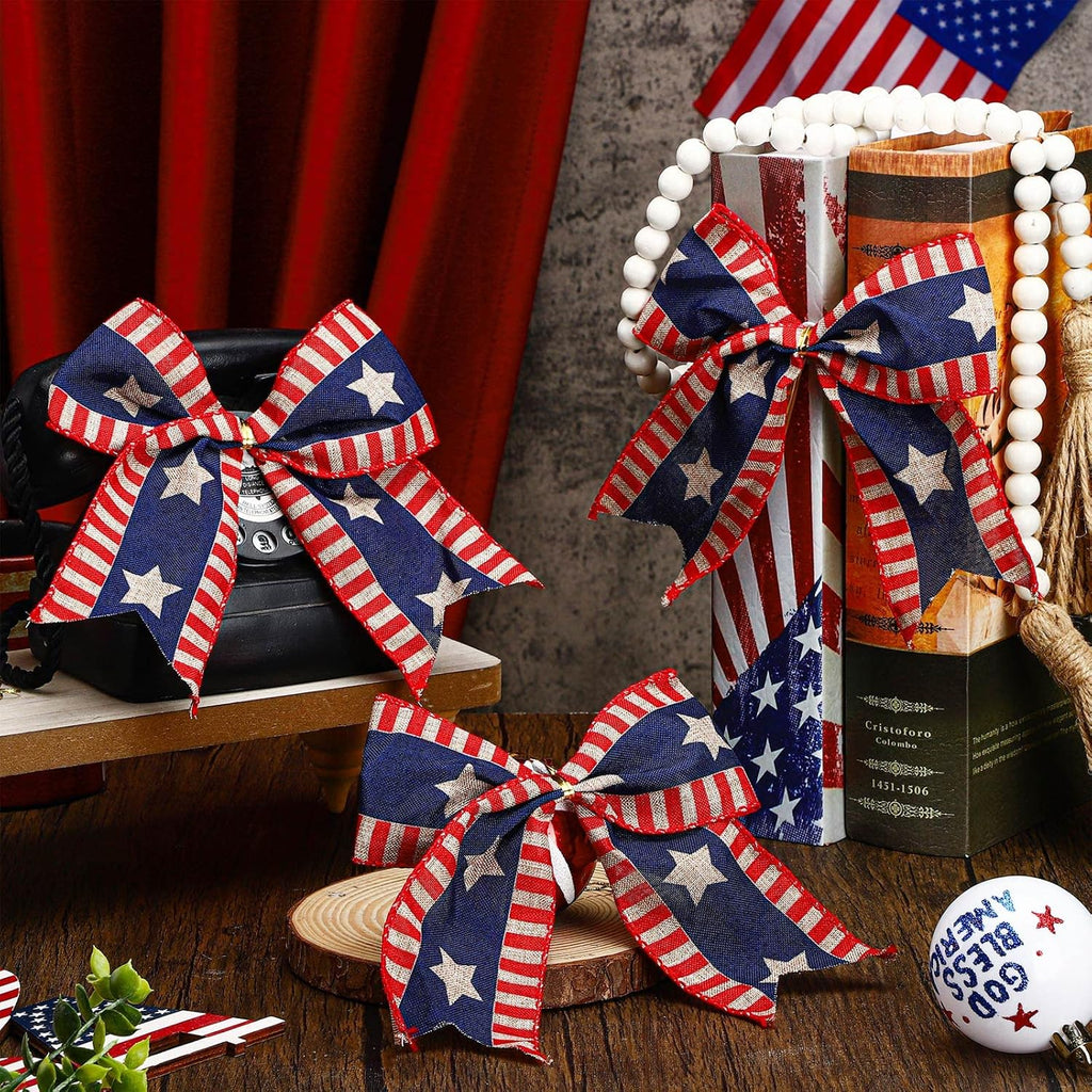 Regine Switzerland 12 Pcs 4th of July Bows - 6 Inch Patriotic Burlap Decor for Independence Day | Red, White, Blue