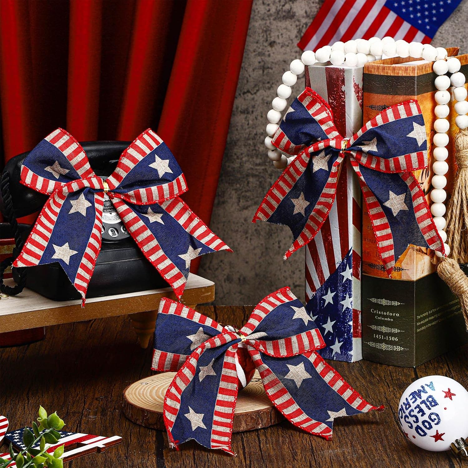 Regine Switzerland 12 Pcs 4th of July Bows - 6 Inch Patriotic Burlap Decor for Independence Day | Red, White, Blue