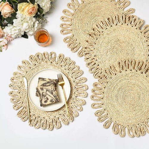 IcosaMro Round Woven Placemats for Dining Table Set of 6 Small Natural Braided Rattan Tablemat Flower Wicker Charger Plates for Holiday Christmas Kitchen Table Mat, Beige, 12.5 Inches
