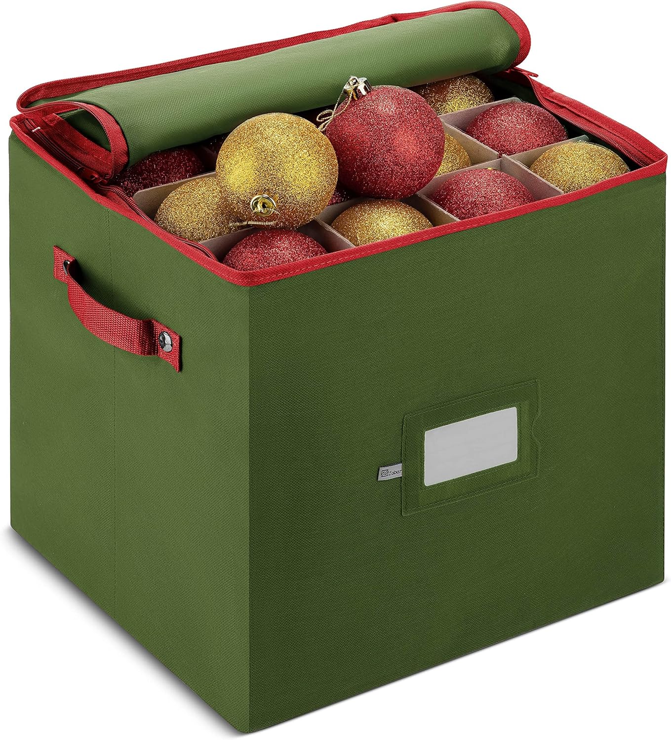 ZOBER Christmas Ornament Storage Box - Organize 64 3" Ornaments with Dividers - Durable Green Container