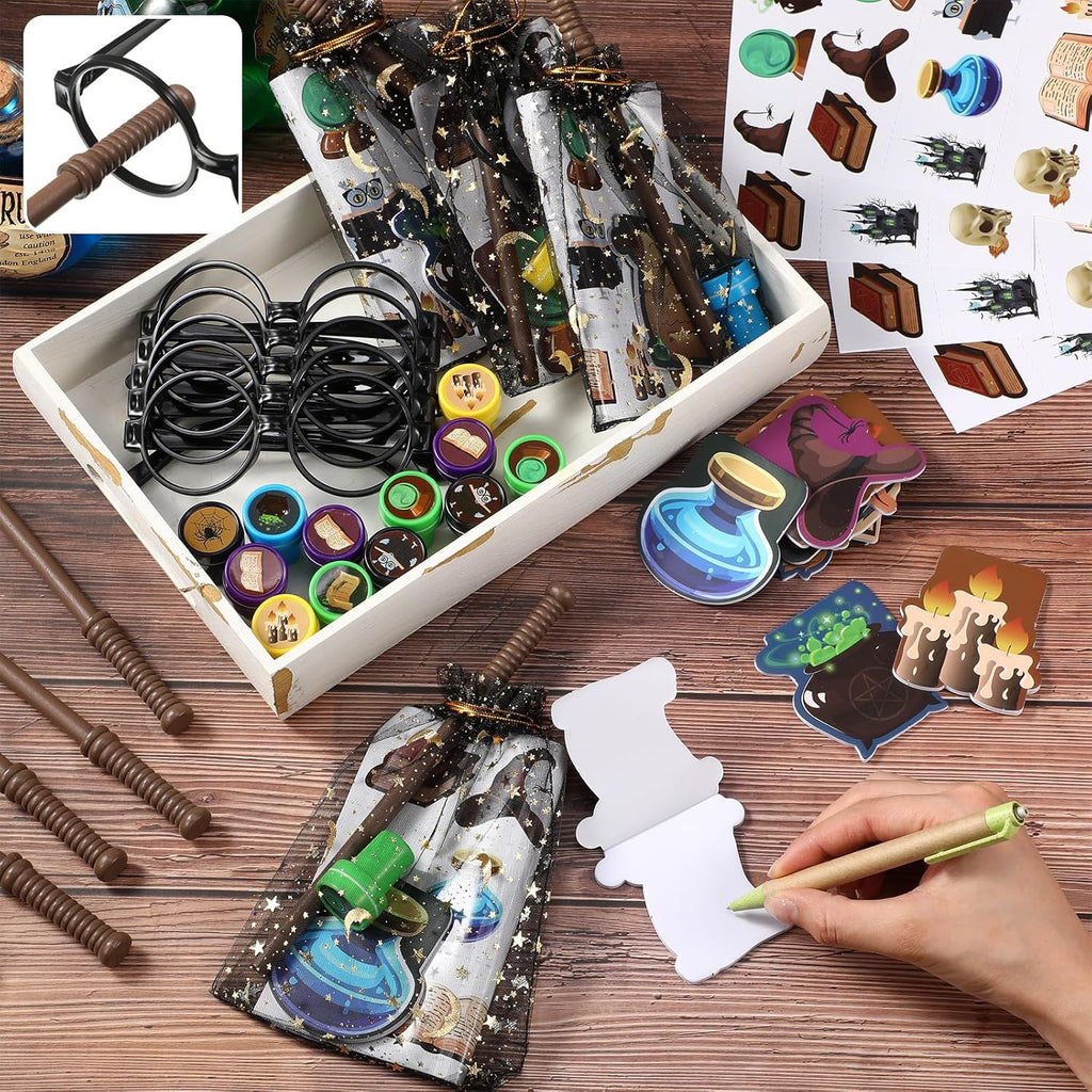 Pasimy Wizard Party Favors - 144 Pcs Birthday Decorations with Mini Notebook, Glasses & Stickers