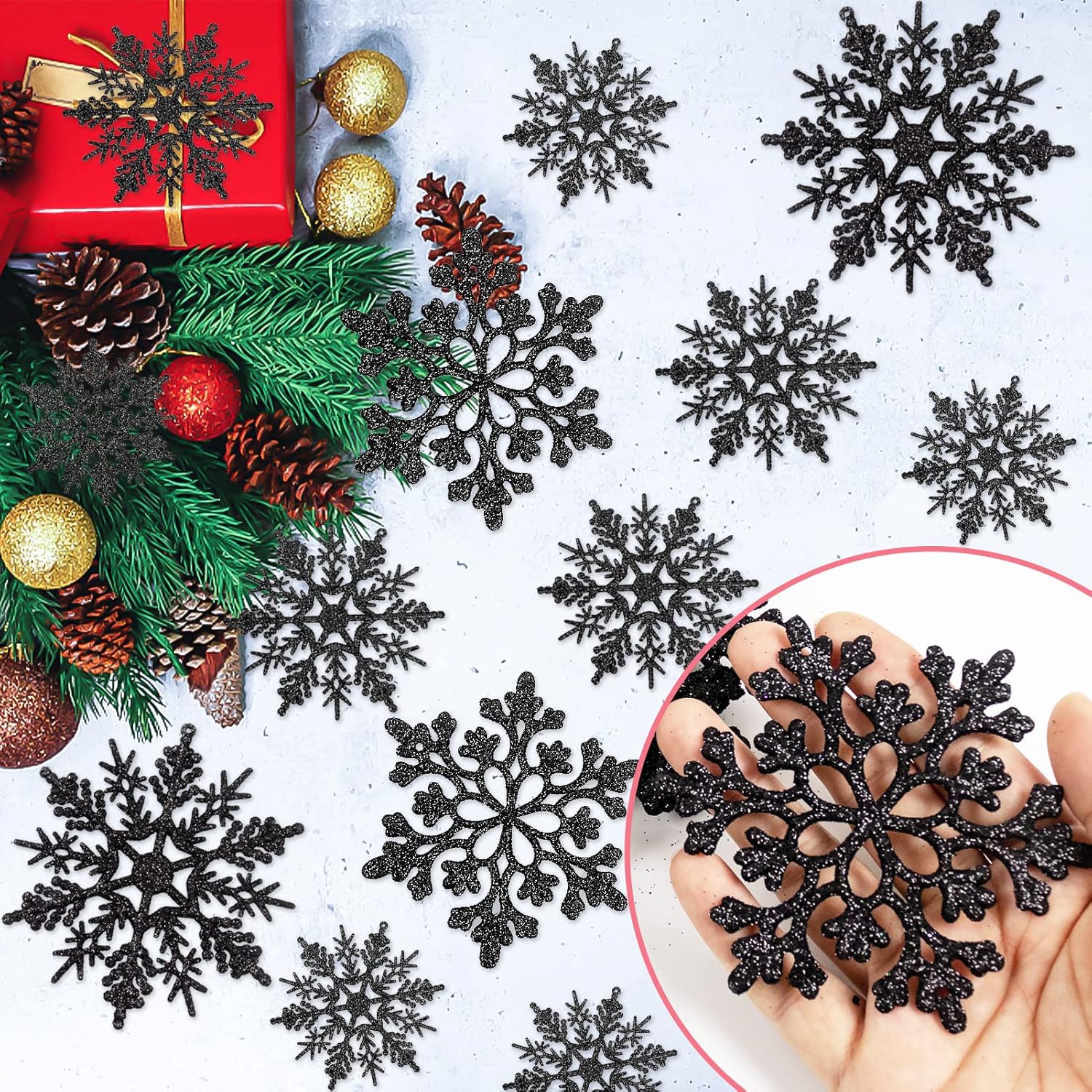 Skiennix 36-Piece Black Christmas Snowflake Ornaments - Glittery Hanging Decor for Winter Wonderland