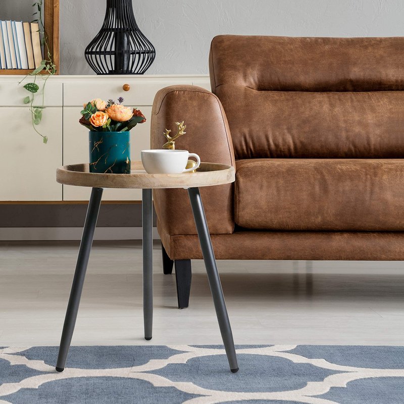 LITA Log Desktop Round Side End Table, Nightstand Tables, Indoor Outdoor Round Side Table, Wooden Tray Table with Black Metal Stand End Table for Living Room Bedroom Office Small Spaces (L)