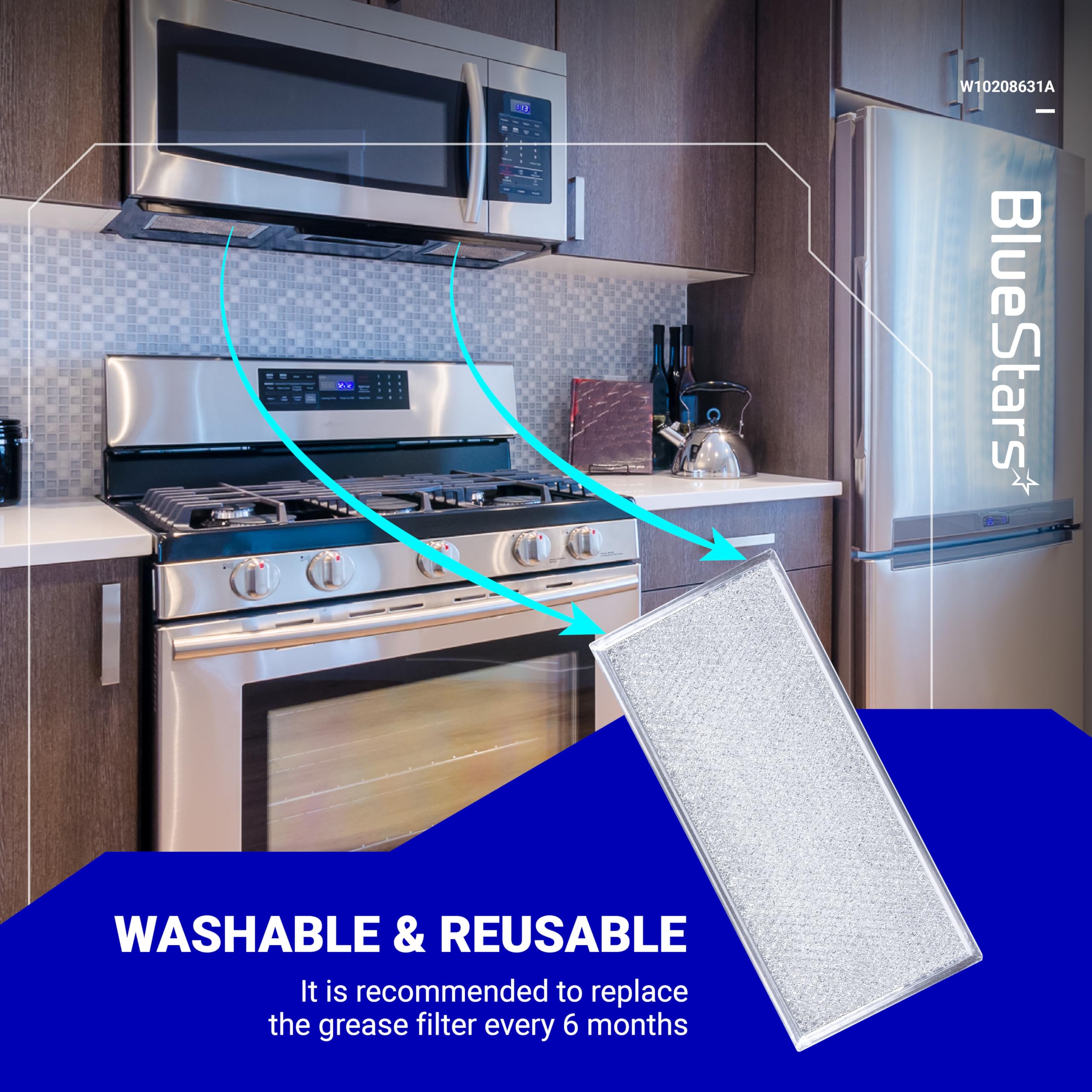 BlueStars Ultra Durable 3-Pack W10208631A Microwave Grease Filter Replacement 13x6in Aluminum Mesh Screen Grease Filter - Compatible with Whirlpool G.E Microwaves