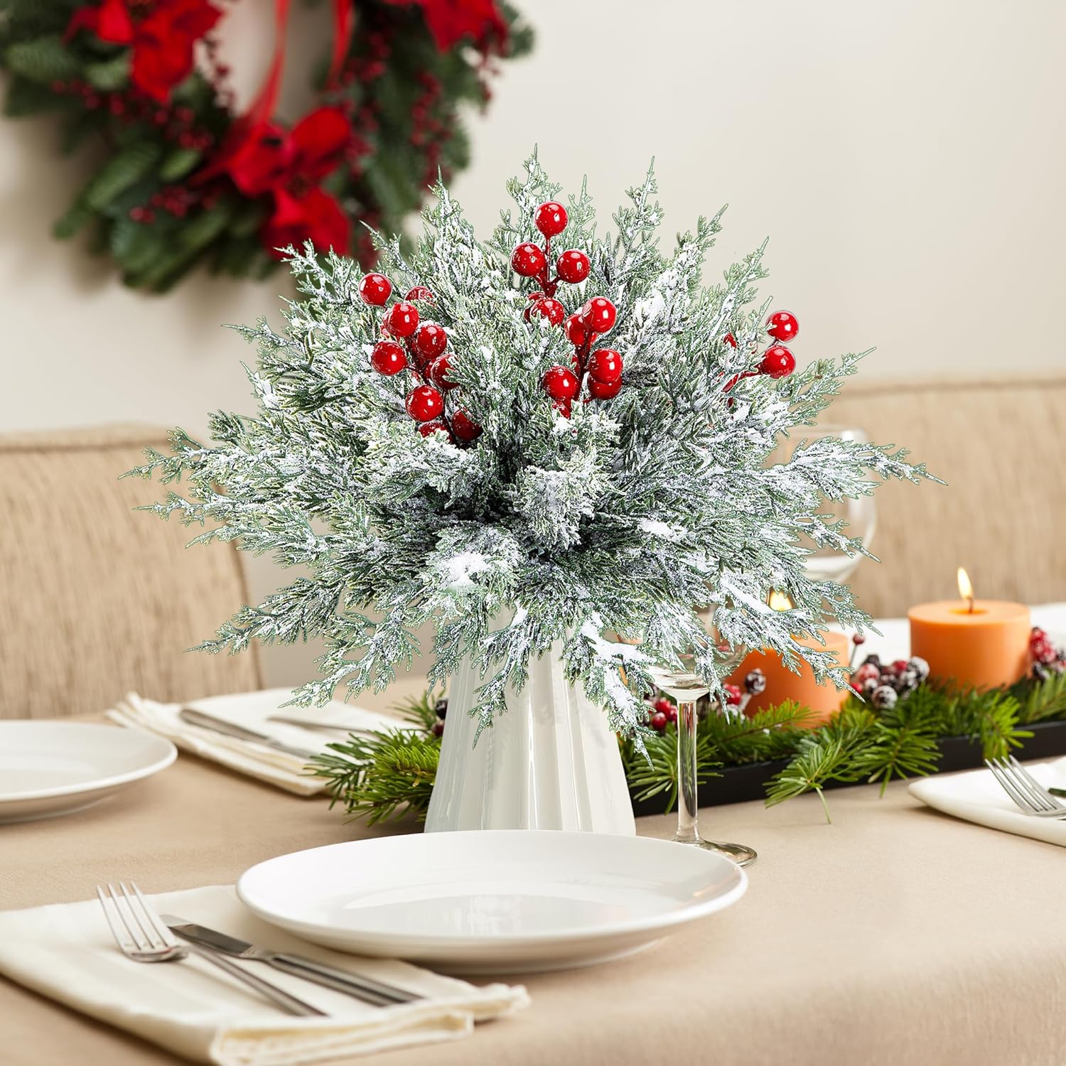 Skiennix 45 Pcs Artificial Christmas Snow Pine Branches - Snowy Faux Greenery with Red Berries for Festive Home Decor