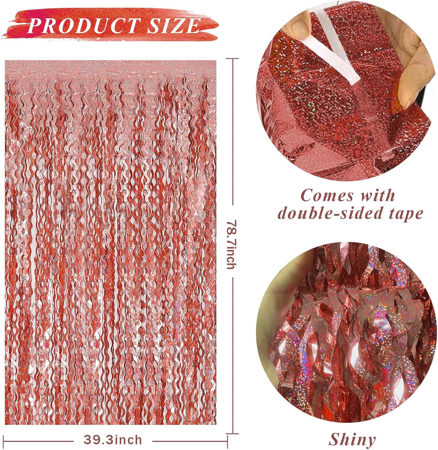Rose Gold Tinsel Foil Fringe Curtains - Sparkling Wavy Backdrop for Parties & Events