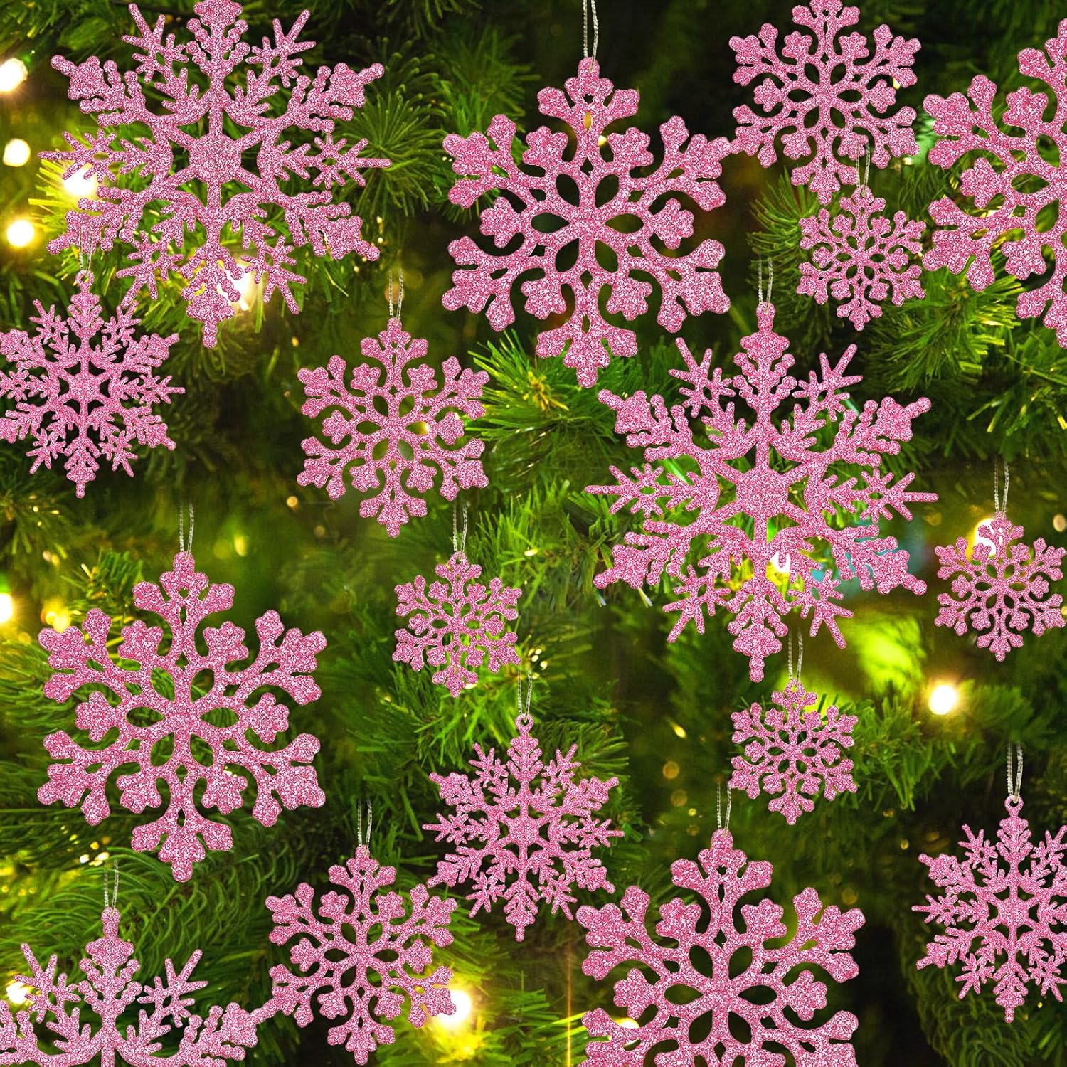 Skiennix 36-Piece Christmas Light Pink Snowflake Ornaments - Glittery Plastic Decor for Winter Trees