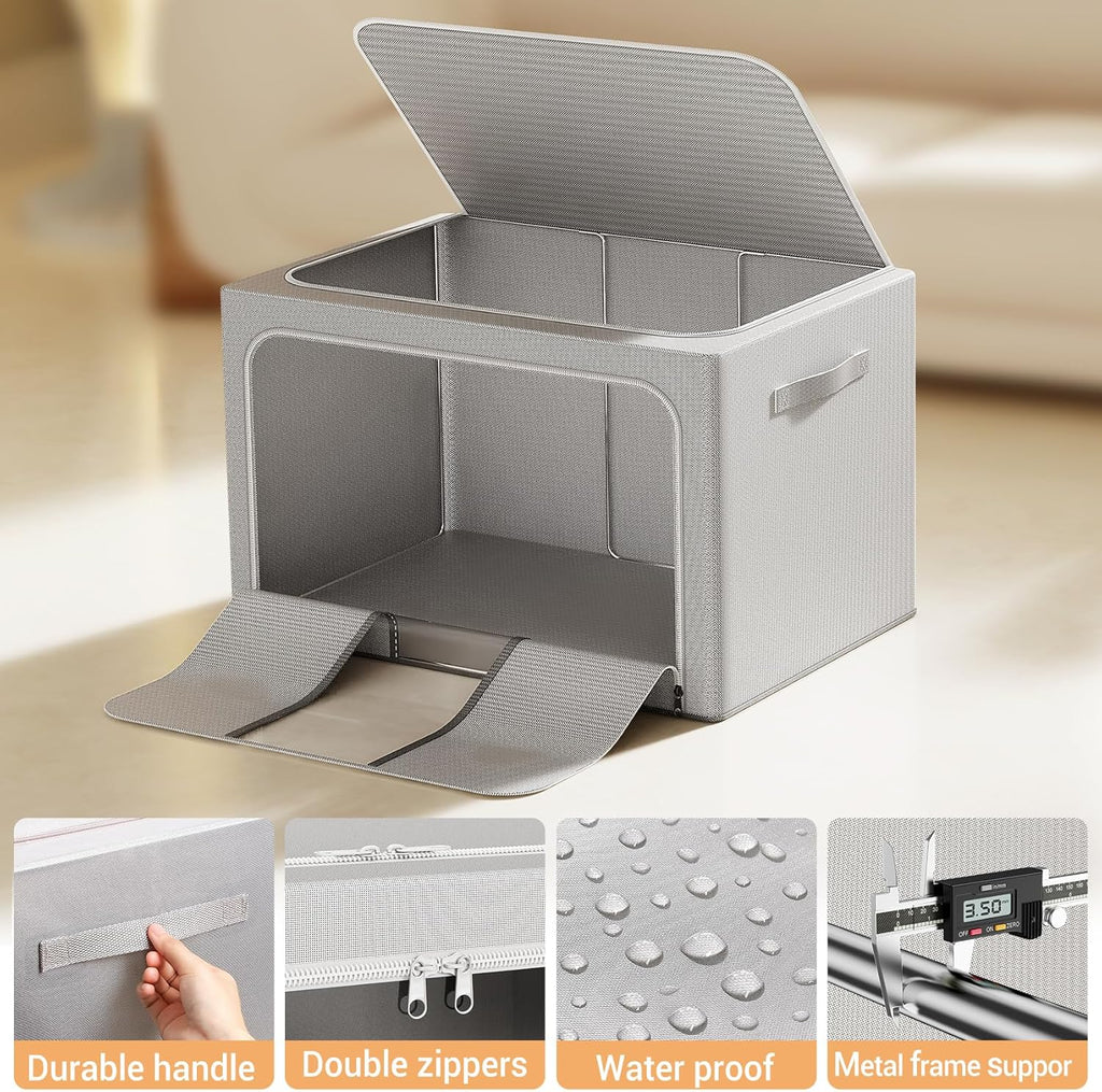 Skiennix Clothes Storage Bins - Foldable Organizers with Metal Frame | 66L, 3-Pack for Clothes & More