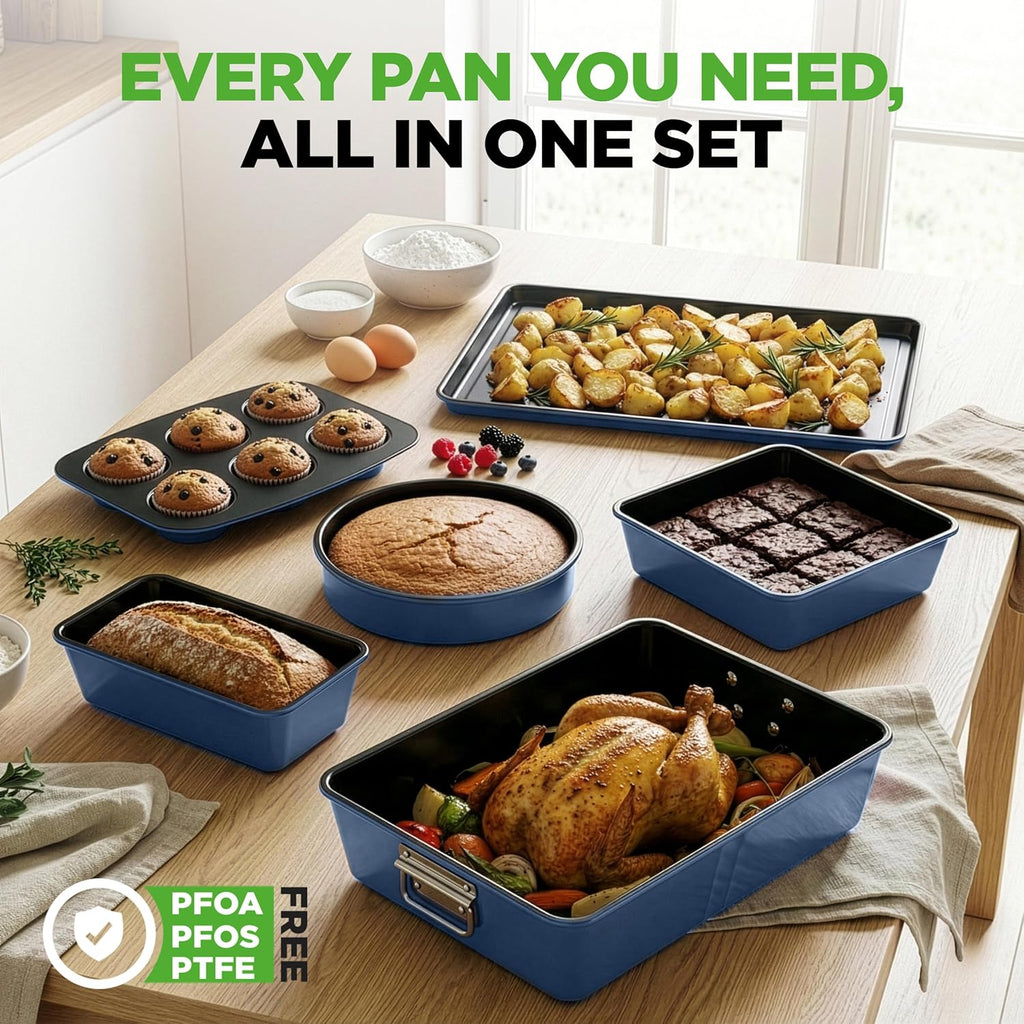 NutriChef 8-Piece Nonstick Bakeware Set | Oven Safe Up to 450°F - Round, Loaf, Muffin, & Cookie Pans (Blue)