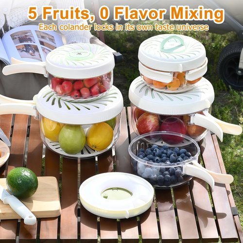 onaner 2 Pcs Multipurpose Fruit Strainer Container with Lid & Ice Tray,Collapsible Handle 2-in-1 Fruit Cleaner Bowl for Kitchen Picnic,and Food Storage,Suitable for Wash Berry,Vegetables