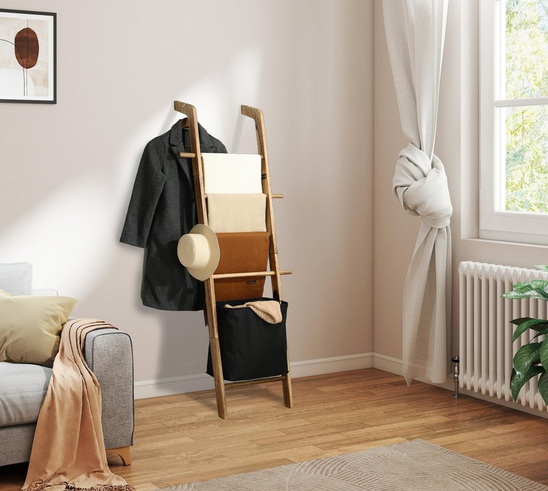 67-Inch Farmhouse Blanket Ladder with Basket, Rustic Wooden Display Ladder for Throws, Blankets, Quilts & Towels, Sturdy Wall Leaning Decorative Storage Rack for Bedroom, Living Room and Bathroom