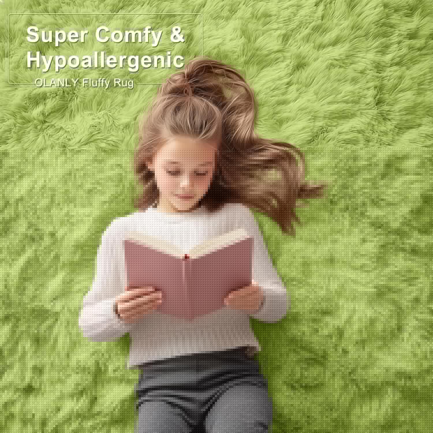 OLANLY 2x6 Machine Washable Runner Rug - Soft Fluffy Shaggy Design for Bedroom & Hallway | Grass Green