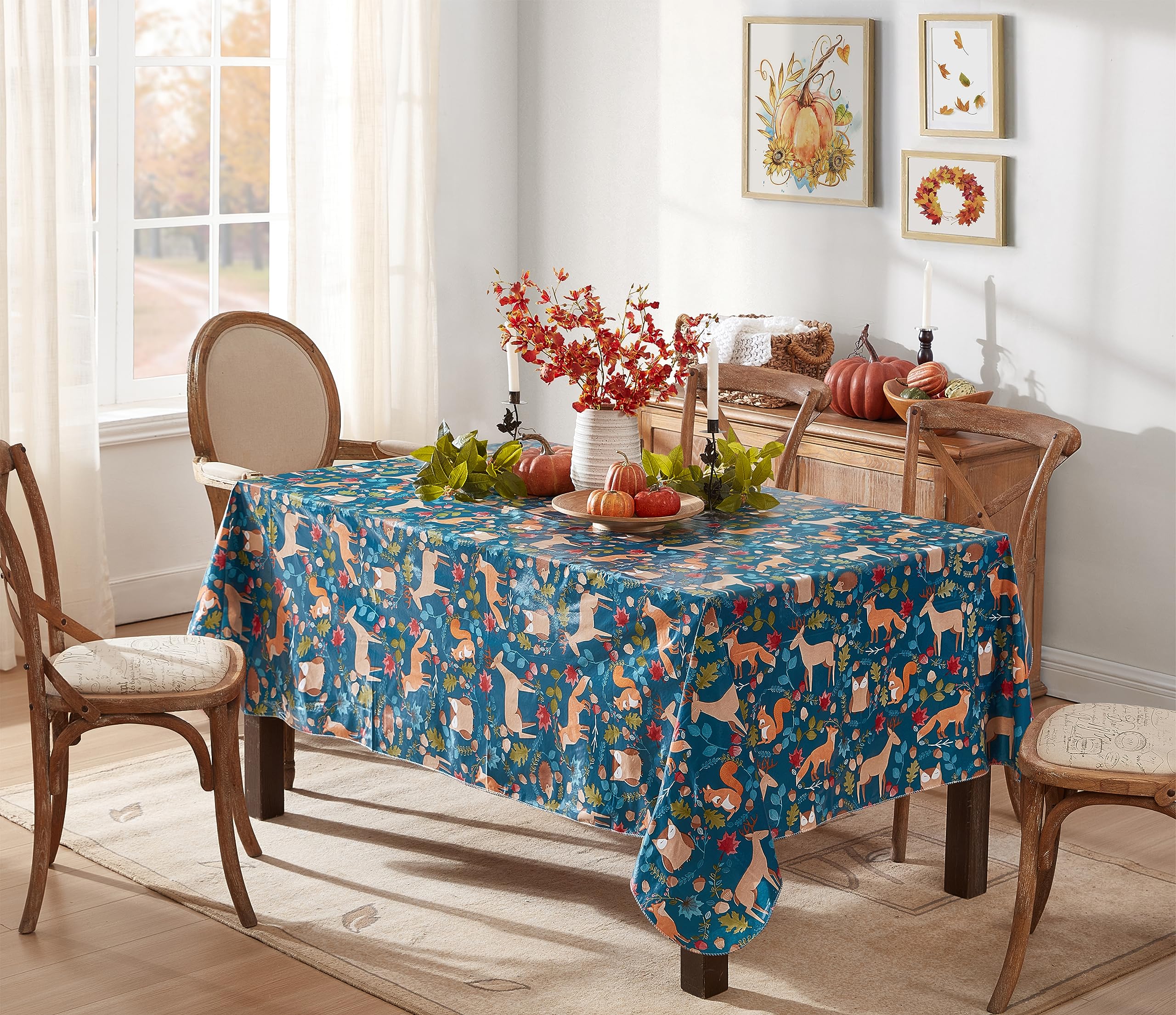Newbridge Christmas Woodland Critters 60 x 102 Inch Rectangle Vinyl Tablecloth with Flannel Backing, Squirrels Deer and Owl Winter Wreath Easy Care Holiday Table Cover for Christmas Parties
